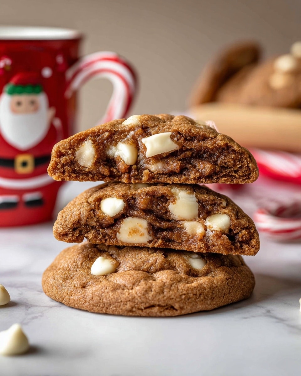 The image shows a stack of three soft brown cookies with white chocolate chips. The bottom layer is a whole cookie, flat and round with white chips visible on the surface. The middle layer is another whole cookie, slightly thicker, also dotted with white chips. The top layer is a cookie broken in half, placed on top of the middle cookie, showing a soft, moist inside filled with white chocolate chips, creating a contrast with the darker cookie dough. In the background, there is a Santa Claus-shaped mug with red and white stripes on its handle, sitting on a white marbled surface. photo taken with an iphone --ar 4:5 --v 7