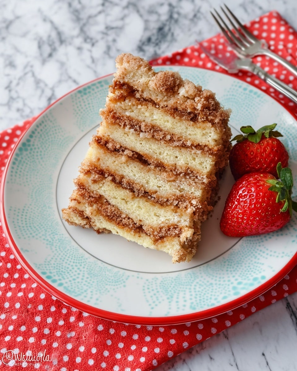 A slice of layered crumb cake sits on a white plate with a red rim and light blue circular patterns. The cake has four visible layers of light golden cake, separated by three layers of crumbly brown streusel topping that looks soft and grainy. Next to the cake, there are two fresh red strawberries with green tops. The plate rests on a white marbled surface with a red cloth with white polka dots and a silver fork near the top edge. Photo taken with an iphone --ar 4:5 --v 7