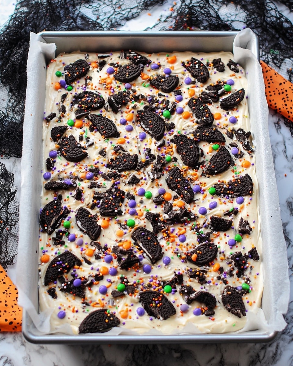 A close-up view of a stack of thick, square dessert bars with two main layers: a dense, white base mixed with crushed chocolate cookies and swirls of orange batter, topped with bigger chunks of chocolate cookies embedded in a creamy, white layer. The top is scattered with small, round candy sprinkles in bright colors including green, purple, orange, white, and black, adding a festive look. The desserts are placed on a white marbled surface with blurred orange and black Halloween-themed decorations in the background. photo taken with an iphone --ar 4:5 --v 7
