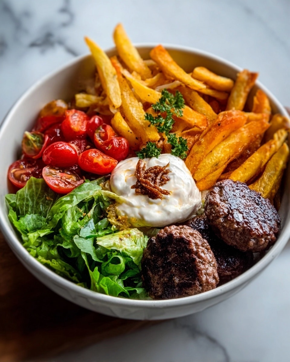 A white bowl on a white marbled surface holds a colorful dish with multiple layers: the bottom layer includes fresh green lettuce leaves, topped by two dark brown grilled meat patties on the right side, and golden-yellow crispy French fries scattered mostly on the upper part of the bowl. Bright red roasted cherry tomatoes are placed near the fries, and in the center, a dollop of white creamy sauce is topped with a small brown garnish. The textures vary from the smooth sauce to the crispy fries and juicy tomatoes. Photo taken with an iphone --ar 4:5 --v 7