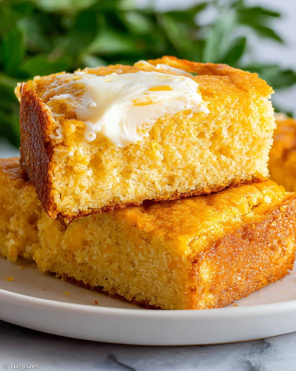 A close-up view of two slices of cornbread stacked on a white plate, showing a golden brown crust with a slightly crumbly texture on the outside and a moist, soft yellow interior inside. The top slice has a thick, uneven layer of melted white butter spreading across the surface. The plate is set on a white marbled surface, and there are out-of-focus green leaves in the background. The photo taken with an iphone --ar 4:5 --v 7