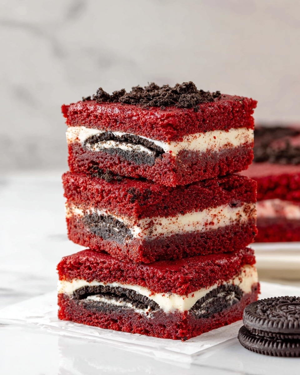 A close-up of three stacked dessert squares, each with three layers: a deep red, soft cake layer on top and bottom, and a middle layer containing a whole Oreo cookie with a dark chocolate biscuit and white cream filling visible, embedded within the red cake. The top layer has crumbs of the dark chocolate biscuit scattered across the red cake surface. The stack is placed on a small piece of white parchment paper on a white marbled surface, with a single Oreo cookie lying flat beside the stack. Photo taken with an iphone --ar 4:5 --v 7