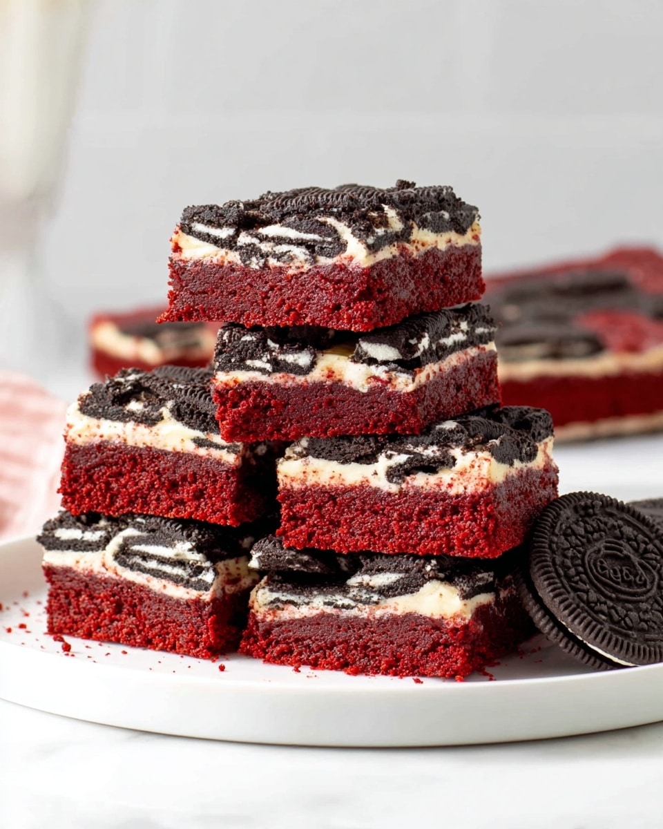 A stack of six chocolate and red velvet layered bars sit on a white plate, each bar showing three distinct layers: the bottom and top layers are deep red velvet cake with a soft and moist texture, while the middle layer is dark chocolate cake with embedded white cream-filled cookie pieces that add contrast. Some cookie pieces are also pressed on top of the bars. The white marbled surface beneath adds a clean and bright look, and a single whole cookie rests beside the plate. The background is softly lit and out of focus, emphasizing the rich colors and textures of the bars. photo taken with an iphone --ar 4:5 --v 7