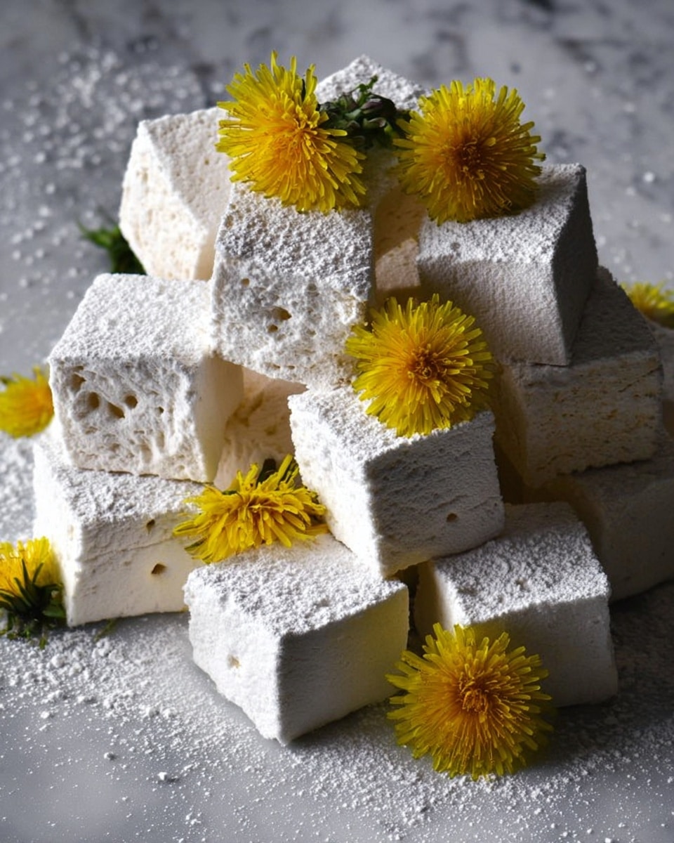 A pile of white, square-shaped marshmallows dusted with fine powdered sugar sits on a white marbled surface. The marshmallows have a soft, spongy texture with small air holes visible on some pieces. Bright yellow dandelion flowers are scattered among and on top of the marshmallows, adding a pop of color and a natural touch to the arrangement. The whole display has a light, airy feel and is photographed up close. photo taken with an iphone --ar 4:5 --v 7