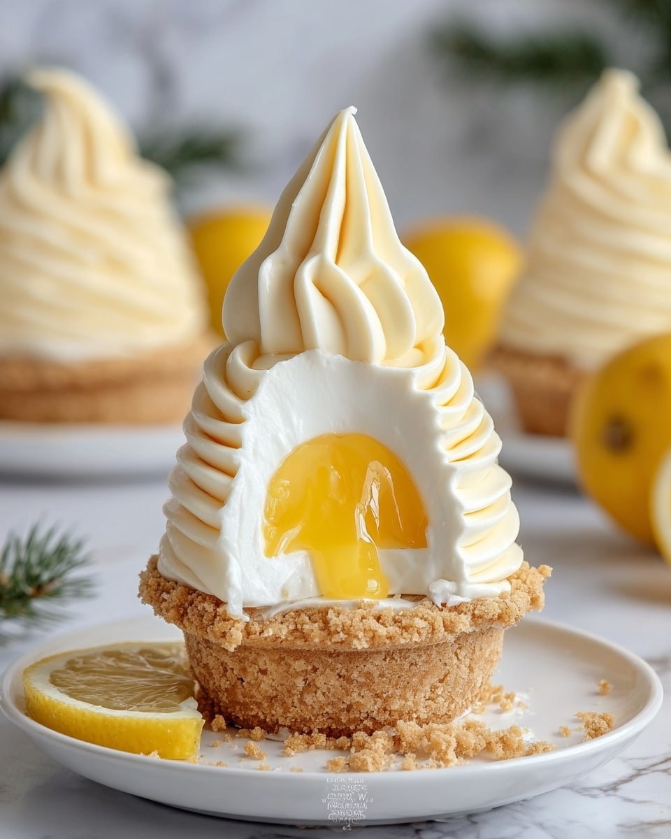 The image shows a dessert with three main layers stacked vertically. The bottom layer is a light brown crumbly crust shaped like a small bowl, holding the dessert together. Above it is a thick white creamy layer that looks soft and fluffy. Inside this white layer, there is a bright yellow jelly-like filling, smooth and glossy, visible where a bite has been taken. The top layer is a tall swirl of pale yellow cream, textured with soft curves and folds, topping the dessert like a small peak. The dessert is placed on a white plate with some crumbs scattered on it, and a thin lemon slice rests on the edge of the plate. The background is a white marbled surface with a blurred scene of more similar desserts and a few yellow lemons. photo taken with an iphone --ar 4:5 --v 7