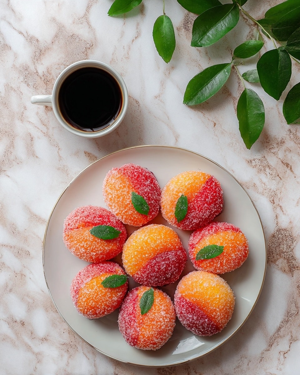 A white plate holds seven sugar-coated peach-shaped pastries, each with two colors: half bright red and half vibrant orange, with a slightly rough sugar texture on the outside. Each pastry has two small green leaves on top, placed as decoration. One pastry is set above the plate on the white marbled surface. To the upper right of the plate, there is a small, round white cup filled with dark black coffee. A few green leaves are scattered on the white marbled texture background around the plate. photo taken with an iphone --ar 4:5 --v 7