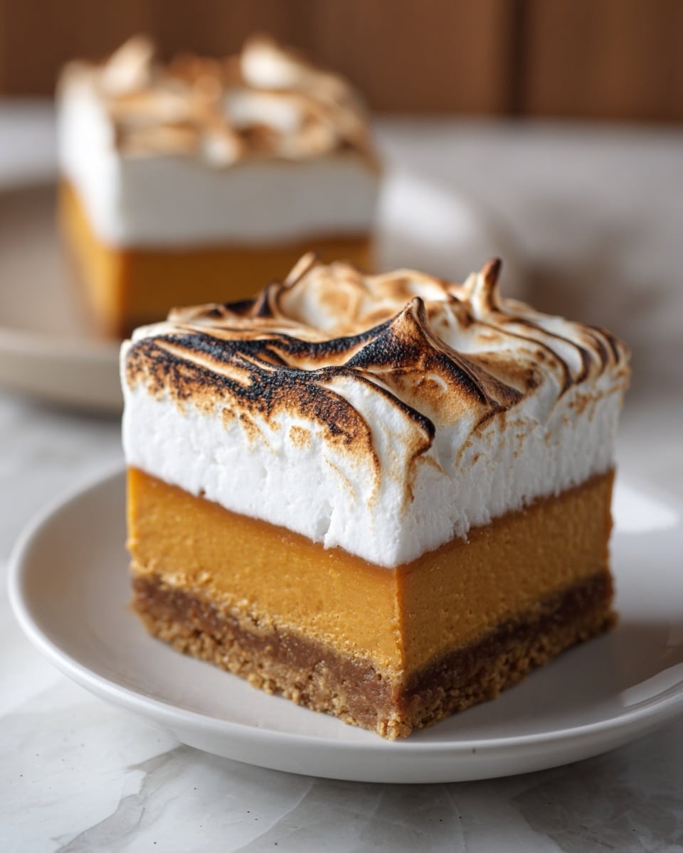 A square slice of dessert with three clear layers sits on a white plate on a white marbled surface. The bottom layer is a slightly crumbly, dense brown crust. Above it is a thick, smooth, orange pumpkin filling layer. The top layer is a fluffy, white toasted meringue, browned unevenly with swirls and peaks, giving it a slightly charred look. In the background, another similar slice is slightly out of focus on a white plate. photo taken with an iphone --ar 4:5 --v 7