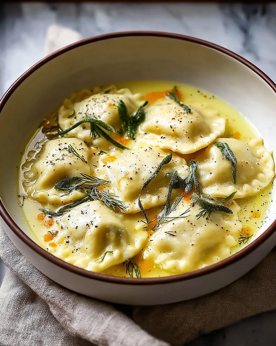A white bowl with a brown rim holds six large, light yellow ravioli pieces floating in a creamy yellow broth with small orange bits visible beneath. The ravioli have slightly crimped edges and smooth textures. Fresh green herb sprigs are scattered on top, along with a sprinkle of coarse black pepper. The bowl rests on a beige cloth over a white marbled surface. photo taken with an iphone --ar 4:5 --v 7