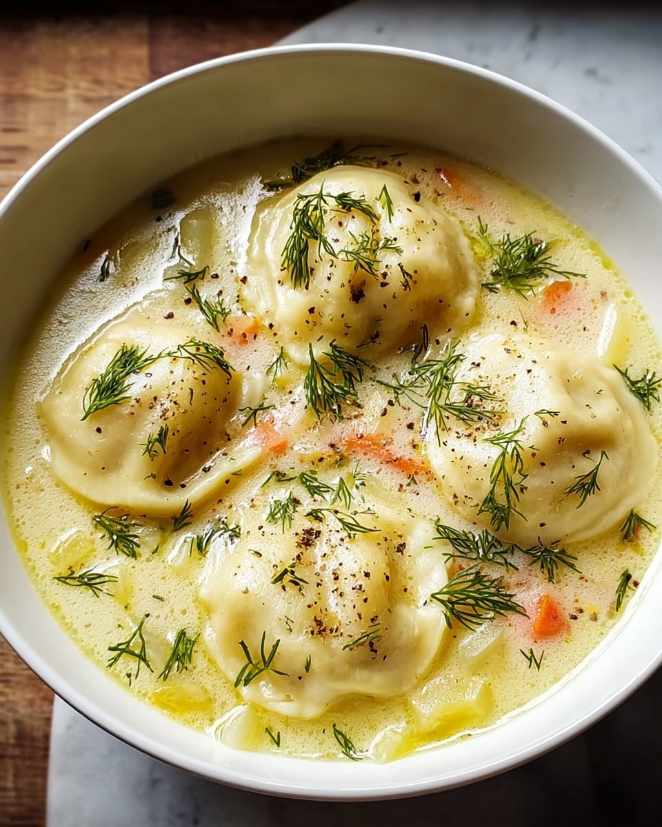 A white bowl filled with creamy light yellow soup containing four large dumplings with smooth, slightly shiny surfaces. The soup has small pieces of orange carrot and translucent potato chunks visible underneath, garnished with small green dill sprigs and sprinkled black pepper. The bowl sits on a white marbled textured surface, with soft natural light highlighting the textures of the dumplings and herbs. photo taken with an iphone --ar 4:5 --v 7