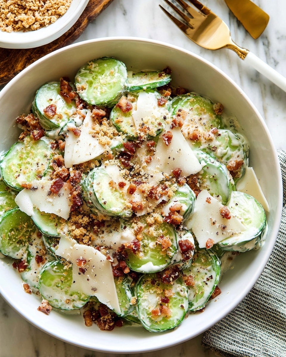 A white bowl filled with a creamy cucumber salad that has three main layers: thick, pale green cucumber slices coated in white creamy dressing forming the base layer; scattered thin, off-white cheese shavings with a smooth texture on top of the cucumbers; and sprinkled reddish-brown bacon bits mixed with small crunchy brown bread crumbs and black pepper scattered evenly over the whole salad. The bowl sits on a white marbled surface with a small white bowl of more breadcrumbs in the background and a gold-handled white-handled fork beside the bowl. Photo taken with an iphone --ar 4:5 --v 7