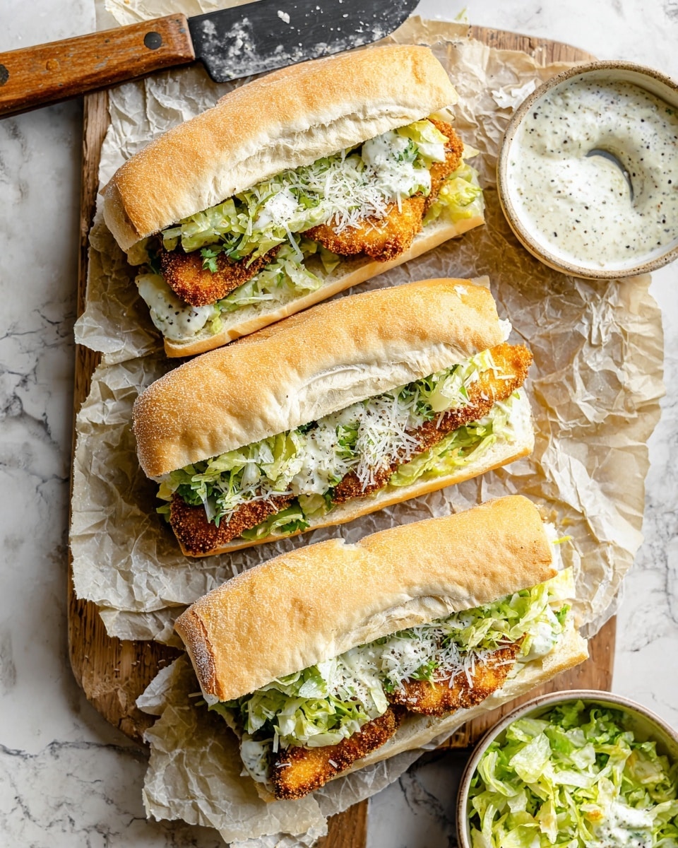 Three sandwiches are arranged on a wooden board lined with crinkled parchment paper, each made with a white sandwich roll sliced open. Inside each roll is a golden-brown breaded chicken fillet providing the bottom layer with a crispy texture. Above the chicken is a fresh green lettuce mixture with creamy dressing visible between the leaves, topped with finely grated white cheese scattered over everything. Beside the sandwiches, there is a small bowl on the right containing more of the fresh lettuce mixture and another small bowl with a creamy white sauce flecked with black pepper to the left. A large knife with a wooden handle rests on the board above the sandwiches, and the backdrop is a white marbled surface. Photo taken with an iphone --ar 4:5 --v 7