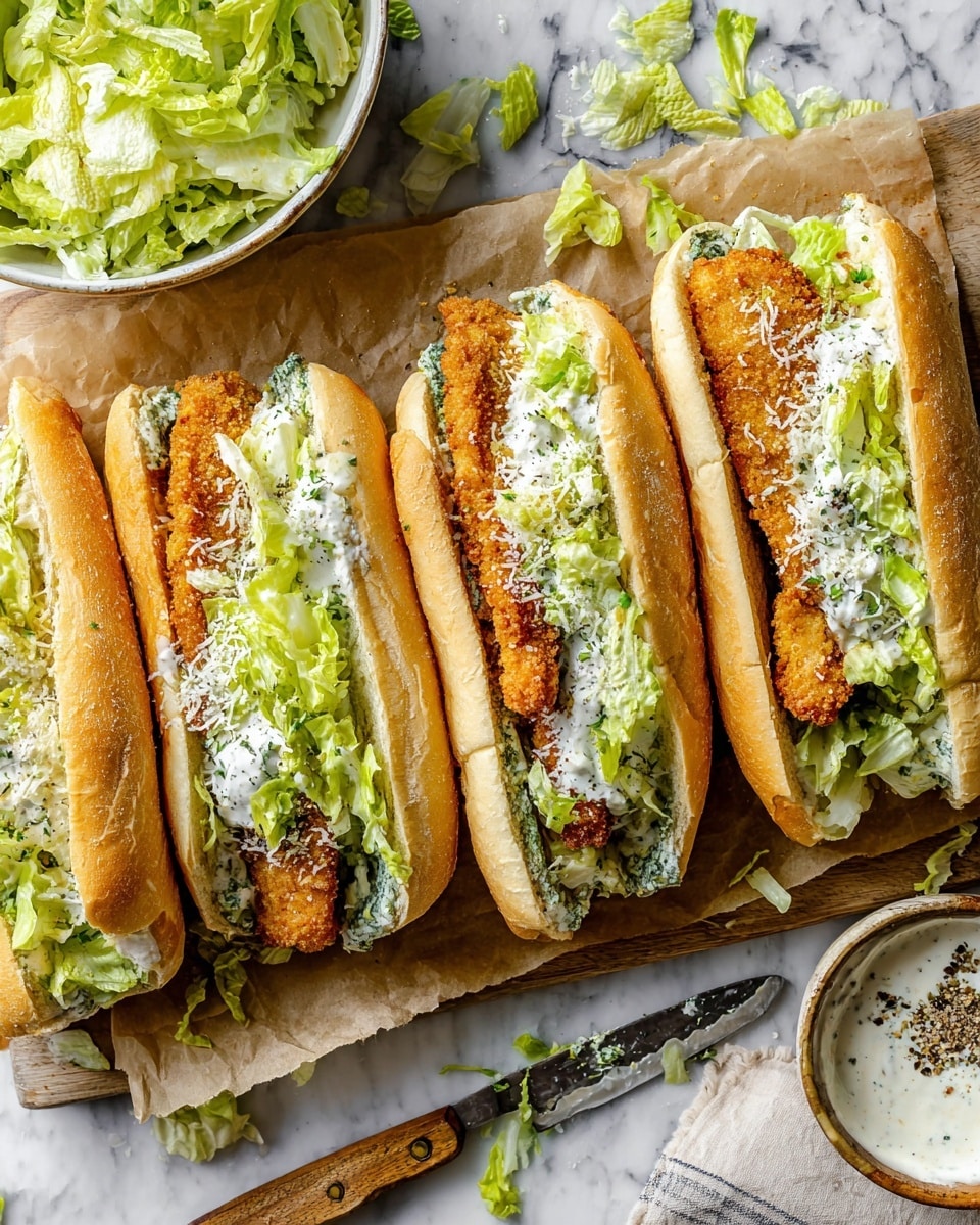 Four sandwiches sit side by side on a wooden board over parchment paper, each made with a white hoagie roll sliced lengthwise. The sandwich layers from bottom to top include a spread of green herb butter on the inside of the bread, a crispy golden-brown breaded chicken strip, fresh chopped romaine lettuce mixed with creamy white dressing, and a sprinkling of finely grated white cheese all visible from above. Around the sandwiches, there is a bowl of more lettuce salad on the left and a small white bowl of creamy dipping sauce with black pepper on the bottom right. A knife with a wooden handle lies to the left of the sandwiches, and some scattered small lettuce pieces decorate the white marbled surface underneath. photo taken with an iphone --ar 4:5 --v 7