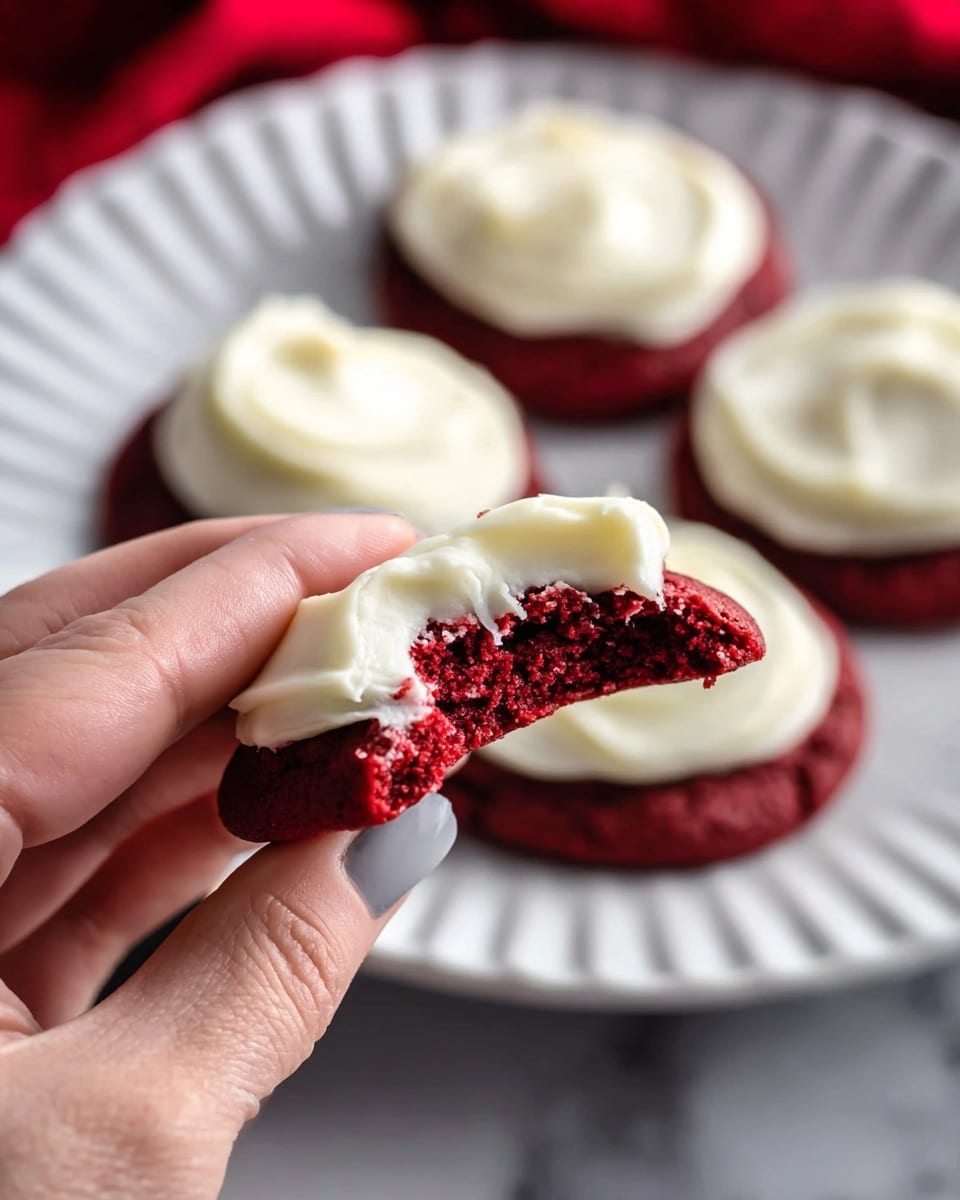 A close-up image shows a woman’s hand holding a half-eaten red velvet cookie with a thick layer of smooth, creamy white frosting on top. The cookie is deep red and soft in texture. In the background, there is a white fluted plate with three whole red velvet cookies, each topped with a generous layer of the same white frosting. There is a white marbled surface below the plate. Photo taken with an iphone --ar 4:5 --v 7
