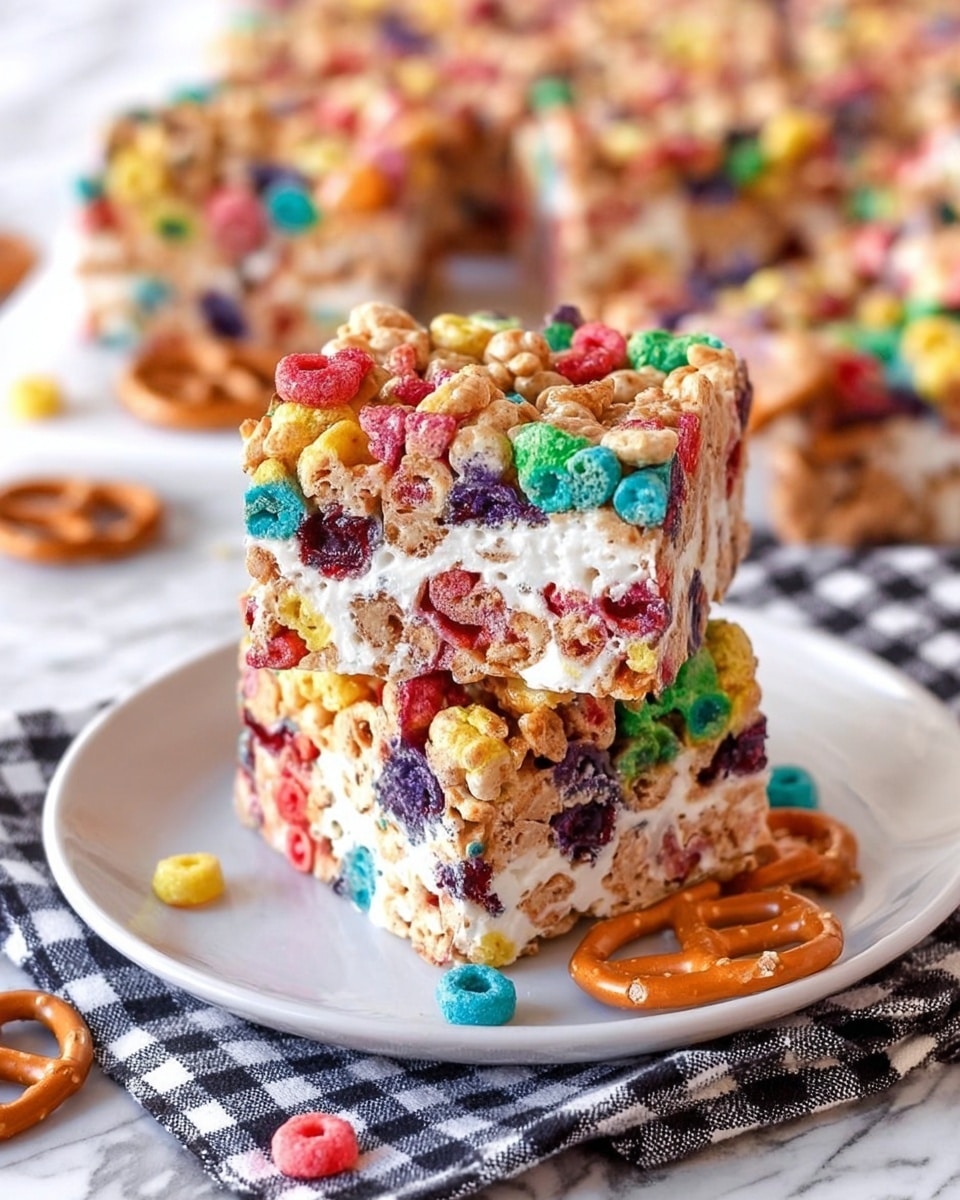 The image shows a thick square snack bar made of colorful cereal pieces in red, green, purple, and orange colors, mixed with small pretzels and a white marshmallow-like binding, forming two thick layers stacked on top of each other. The texture looks soft and slightly sticky with bits of cereal and pretzels visible throughout. The bar is placed on a plain white plate, sitting on a black and white checkered cloth with a few pretzels and colorful round cereal pieces scattered around it. The background is a white marbled surface with more similar snack bars slightly blurred in the distance. Photo taken with an iphone --ar 4:5 --v 7