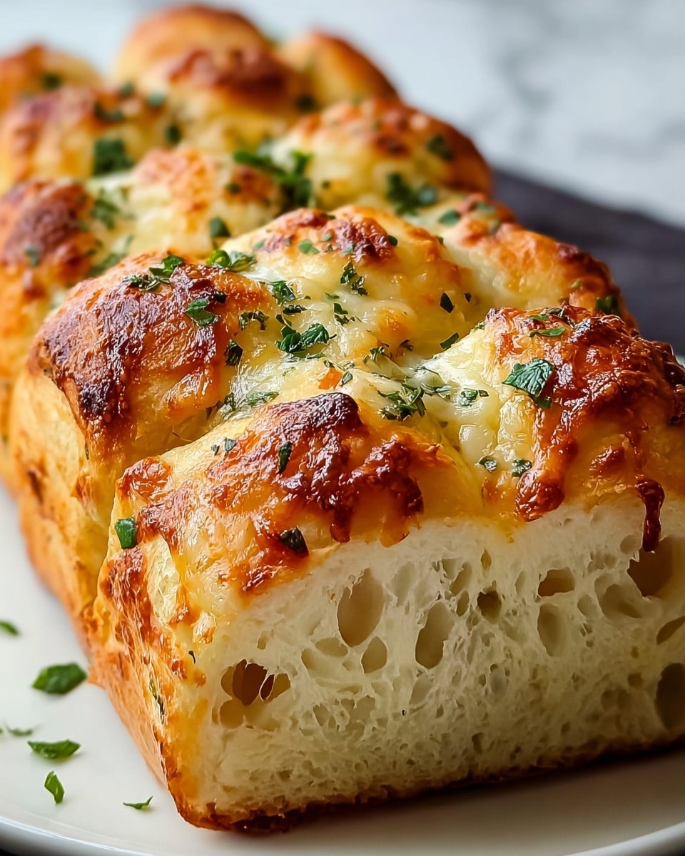 A close-up view of a freshly baked pull-apart bread loaf with 10 visible fluffy, golden-brown round tops arranged in two rows, each topped with melted, slightly browned cheese and sprinkled with chopped green herbs. The bread's interior shows a soft, airy texture with many holes, and the bottom crust has a light brown color. The loaf is placed on a white plate that contrasts with the bread's warm tones, set against a white marbled surface. photo taken with an iphone --ar 4:5 --v 7