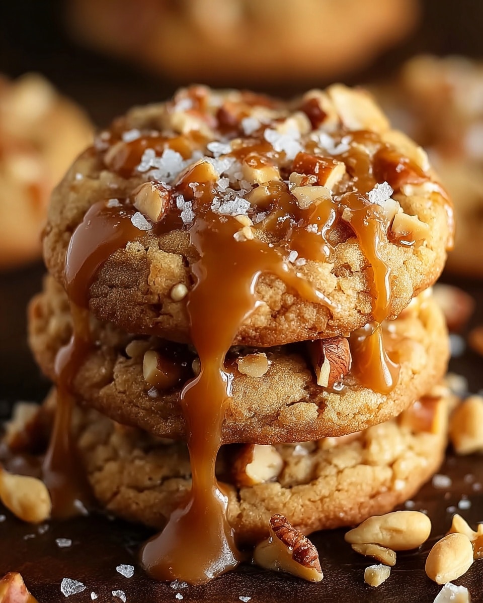 A stack of three thick, golden brown cookies with a crumbly texture is shown close up. Each cookie is topped and sprinkled with pieces of nuts, giving a rough, chunky look. Drizzled over the cookies is a shiny caramel sauce that flows down the sides in smooth lines. Small grains of coarse salt are scattered on top, adding a bit of sparkle. The cookies sit on a dark surface with scattered nut pieces around. The background is softly blurred with warm brown tones. photo taken with an iphone --ar 4:5 --v 7
