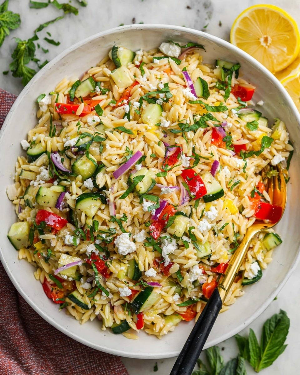 A white bowl filled with a colorful orzo salad showing three main layers: the base layer of small, yellowish orzo pasta, the middle layer mixed with round green cucumber slices and chopped red bell peppers, and the top layer sprinkled with crumbled white feta cheese and finely chopped green herbs. Small pieces of purple onion add texture and splashes of color throughout the dish. A gold spoon with black handles rests inside the bowl, and lemon slices and green herb leaves are partially visible around the bowl on a white marbled surface. photo taken with an iphone --ar 4:5 --v 7