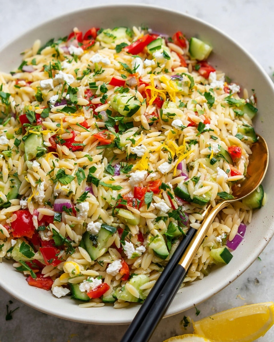 The image shows a close-up of a white bowl filled with a colorful orzo salad. The first layer consists of small, pale yellow orzo pasta scattered evenly. Mixed throughout are vibrant chunks of red bell pepper, green cucumber slices, and small bits of purple onion. White crumbles of feta cheese are scattered on top, along with bright green chopped herbs and some yellow lemon zest. A golden spoon and black chopsticks are placed inside the bowl, resting on the right side. Part of a lemon wedge is visible at the bottom right corner, with the bowl set on a white marbled texture. Photo taken with an iphone --ar 4:5 --v 7