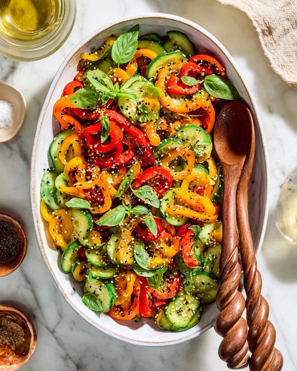 A white oval dish holds a colorful salad with two main layers: the base layer is made of bright green slices of cucumber with a smooth, slightly shiny texture, and the top layer is a mix of red, yellow, and orange mini bell pepper rings, all sprinkled with black and white sesame seeds and bits of seasoning. Fresh green basil leaves are scattered on top for decoration. On the right side of the dish are two twisted wooden spoons partly resting inside the salad. The dish sits on a white marbled surface, with some small bowls containing spices and sauces around it. Photo taken with an iphone --ar 4:5 --v 7
