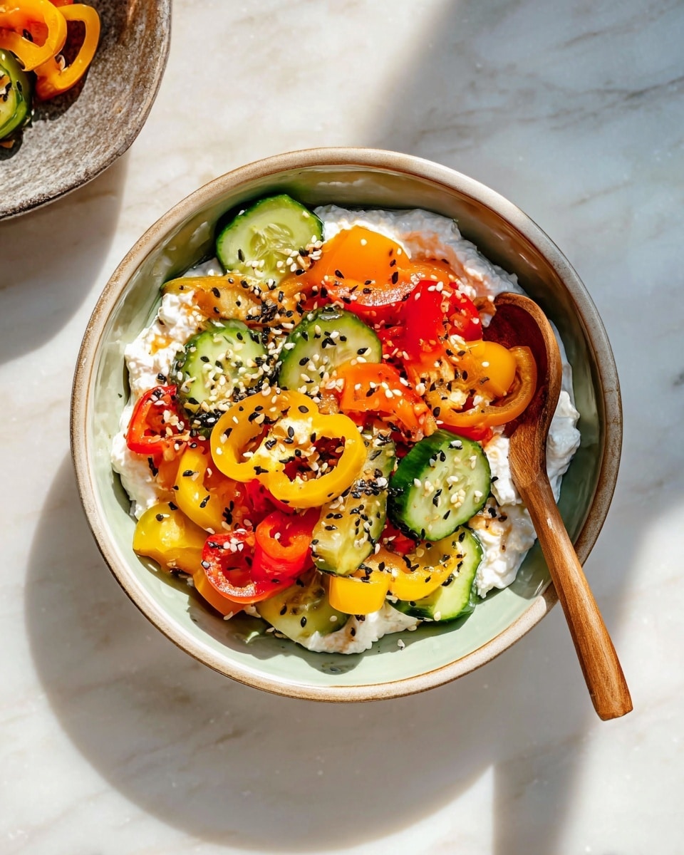 A bowl filled with a base layer of white cottage cheese, topped with a colorful mix of thinly sliced mini sweet peppers in yellow, orange, and red, alongside round slices of green cucumber. The vegetables are lightly sprinkled with black and white sesame seeds, adding texture and contrast. The bowl is white with a light green rim, resting on a white marbled surface, with natural sunlight casting soft shadows. A wooden spoon is placed inside the bowl’s right side, partially visible among the vibrant ingredients. photo taken with an iphone --ar 4:5 --v 7
