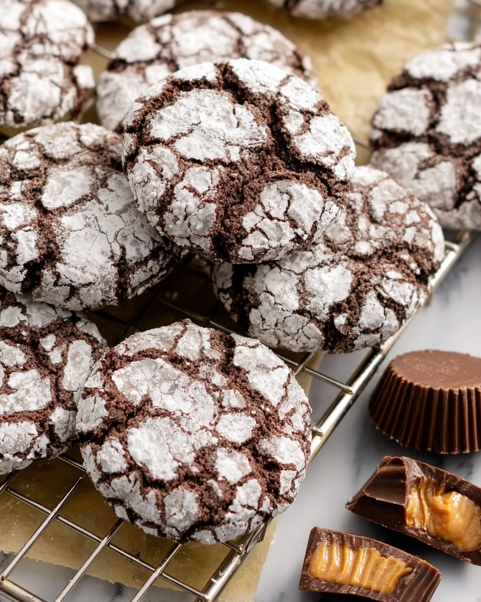 A close-up of several round chocolate crinkle cookies with cracked white powdered sugar on the top layer, showing dark brown chocolate dough underneath. The cookies are stacked and are placed on a metal cooling rack over a piece of parchment paper on a white marbled surface. To the right, there are cut pieces of chocolate-covered peanut butter cups, with a smooth light brown peanut butter inside and a shiny chocolate coating outside. Photo taken with an iphone --ar 4:5 --v 7