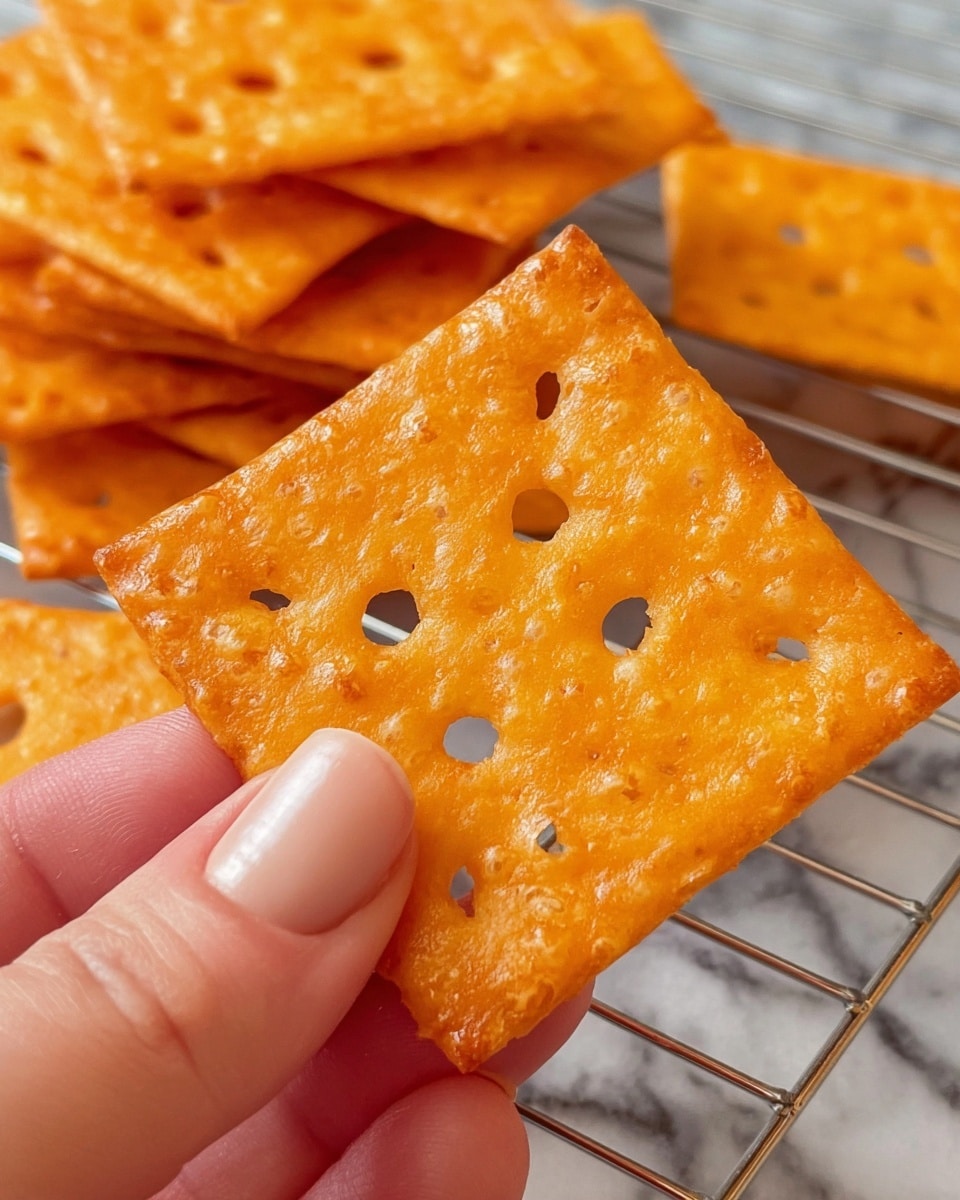 A close-up image of a thin, square, crispy cracker with an orange color and small holes unevenly spread across its surface, showing a glossy texture. The cracker is held in the foreground by a woman's hand with a light skin tone and neatly manicured nails. In the background, more crackers of the same kind are stacked loosely on a metal cooling rack with silver bars. The surface below is a white marbled texture. photo taken with an iphone --ar 4:5 --v 7
