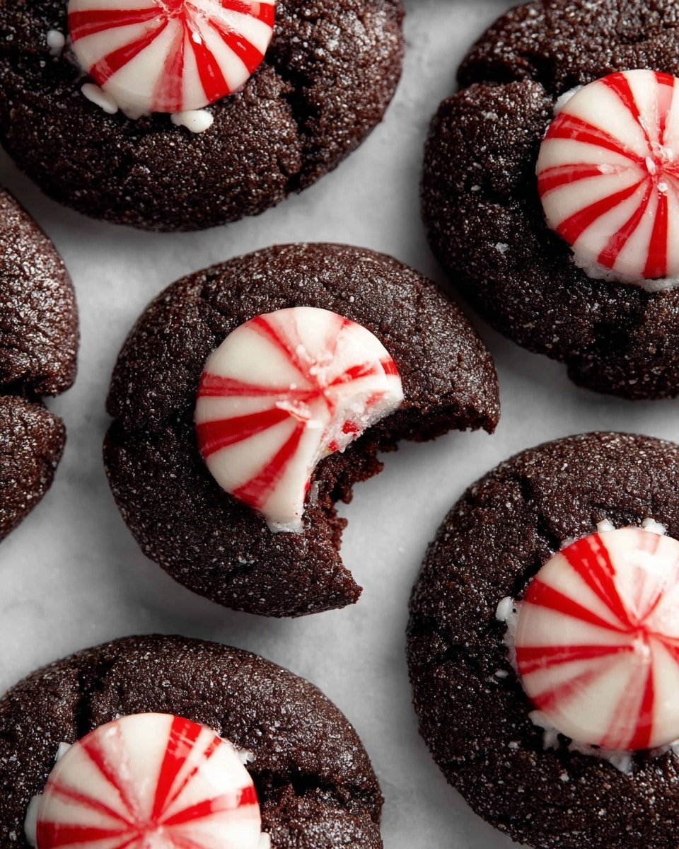 The image shows several dark chocolate cookies with a rough and slightly cracked texture, each topped with a round peppermint candy. The peppermint candies have a smooth, glossy surface with white and red stripes in a swirl pattern, positioned centrally on each cookie. One cookie has a bite taken out of it, revealing a soft, dense interior that contrasts with the dark exterior. The cookies are arranged closely together on a white marbled surface. photo taken with an iphone --ar 4:5 --v 7