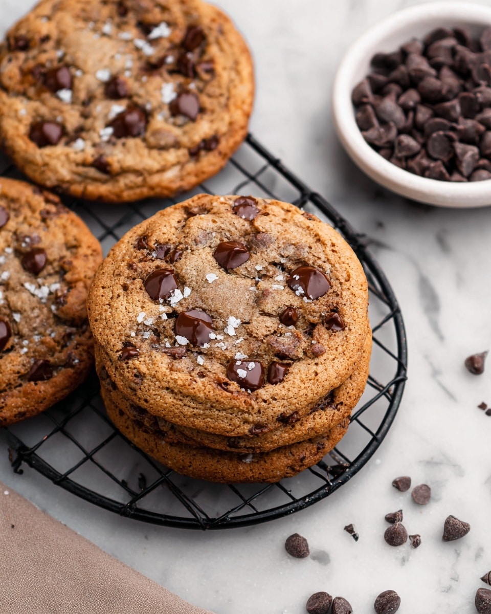The image shows three round chocolate chip cookies stacked partly on top of each other on a black wire rack. Each cookie has a golden-brown color with a slightly crisp edge and soft center. The tops are studded with shiny, dark brown chocolate chips and sprinkled with small white flakes of sea salt, adding texture. Behind the wire rack is a white bowl filled with extra chocolate chips, placed on a white marbled surface with some loose chocolate chips scattered around. photo taken with an iphone --ar 4:5 --v 7