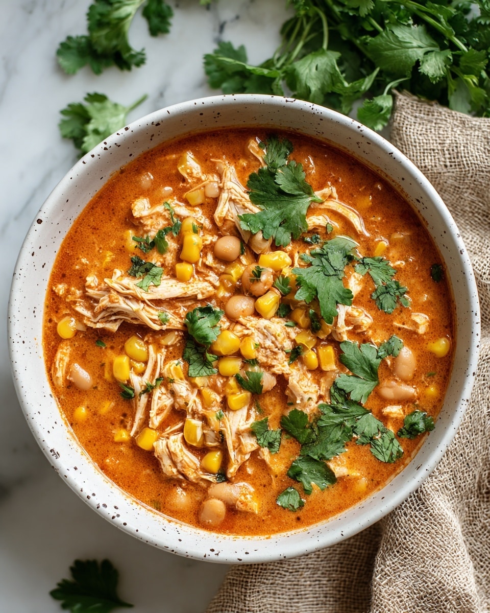 A close-up, top-down view of a bowl filled with thick orange stew that has visible shredded white chicken pieces, yellow corn kernels, and light brown beans mixed inside; on top, bright green cilantro leaves are scattered. The bowl is white with tiny dark spots along the rim, placed on a white marbled surface with some fresh cilantro leaves around it and a woven beige cloth on the side. photo taken with an iphone --ar 4:5 --v 7
