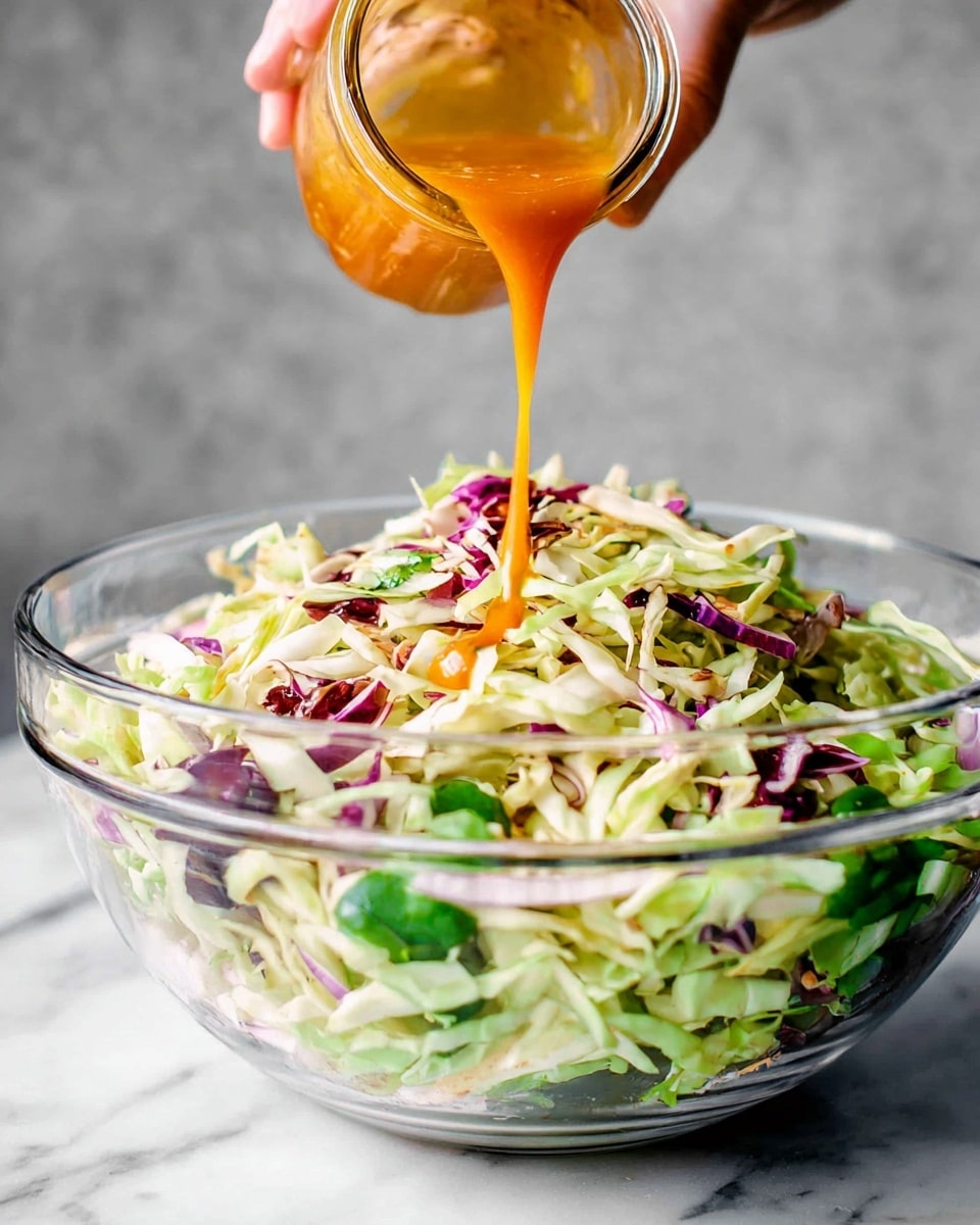 A large clear glass bowl filled with shredded pale green cabbage with small bits of dark red and purple mixed in, along with thin strips of light purple onion and some green leafy herbs throughout. On top, a bright orange sauce is being poured from a small glass jar held by a woman's hand, the sauce flowing in a smooth stream down onto the salad. The bowl sits on a white marbled surface, and the background is a soft gray blur. photo taken with an iphone --ar 4:5 --v 7