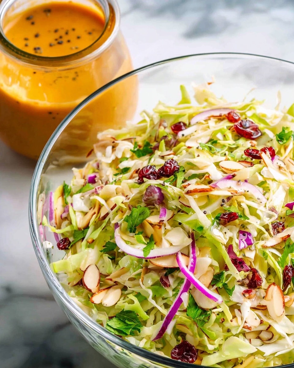 A glass bowl filled with a colorful coleslaw salad sits on a white marbled surface. The salad has layers of shredded pale green and white cabbage mixed with thin slices of purple-red onion scattered on top. Bright red dried cranberries and pieces of almonds add texture and color contrast, along with sprigs of fresh green parsley spread throughout. To the upper left of the bowl, a glass jar contains a thick, orange-colored dressing with visible black pepper specks. Photo taken with an iphone --ar 4:5 --v 7