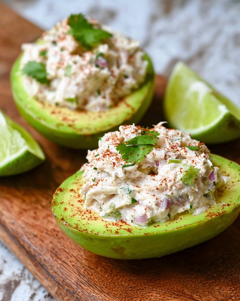 The image shows avocado halves filled with a creamy, textured white crab or chicken salad. Each avocado half is bright green with a smooth creamy texture on the inside, holding a heaping mound of chunky white salad mixed with small bits of red onion or similar ingredient. The salad is sprinkled with a light dusting of reddish-brown chili powder for color and small green cilantro leaves on top for garnish. The avocados rest on a wooden cutting board next to a wedge of lime that is bright green and glossy. The background is a white marbled texture. photo taken with an iphone --ar 4:5 --v 7