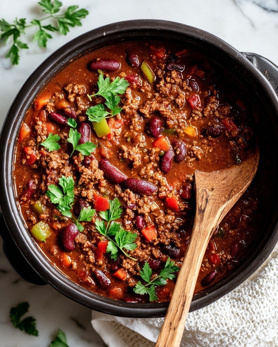A close-up top view of a black pot filled with chunky chili showing a rich brown sauce mixed with visible ground meat, dark red kidney beans, chopped red and yellow bell peppers, and pieces of green celery, all topped with fresh green parsley leaves scattered on top. A wooden spoon with natural grain is partially dipped inside the chili, resting on the right side of the pot. The pot sits on a white marbled surface with a folded white textured cloth to the upper right corner. Photo taken with an iphone --ar 4:5 --v 7