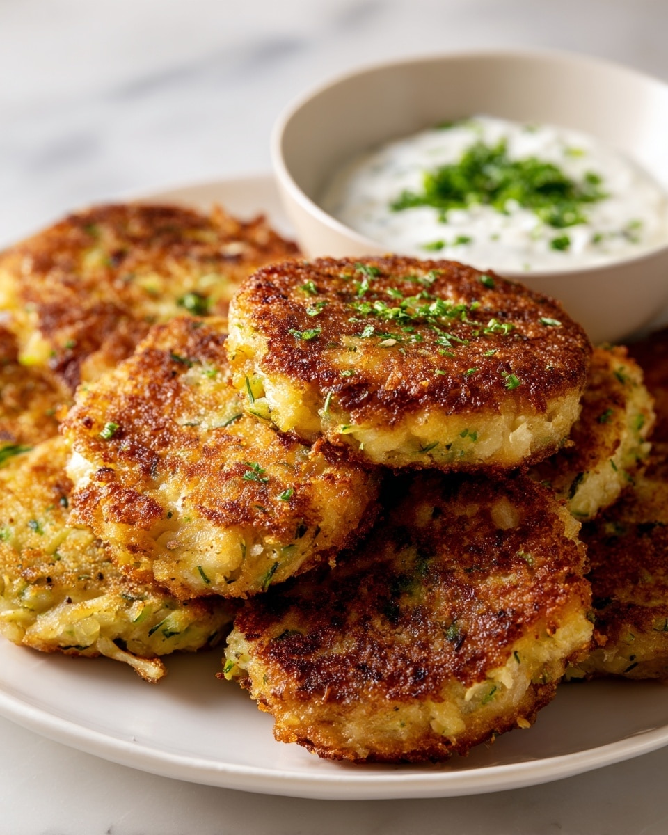 The image shows a white plate filled with golden-brown, crispy round patties stacked in a small pile. Each patty has a crunchy, slightly browned outer layer with visible green herbs scattered throughout and bits of yellow, likely shredded vegetables inside. The texture looks slightly rough with small, uneven edges, giving a homemade feel. In the background, a white bowl contains a creamy white sauce topped with chopped green herbs, placed on a white marbled surface. The lighting highlights the crispiness and warm tones of the patties. photo taken with an iphone --ar 4:5 --v 7