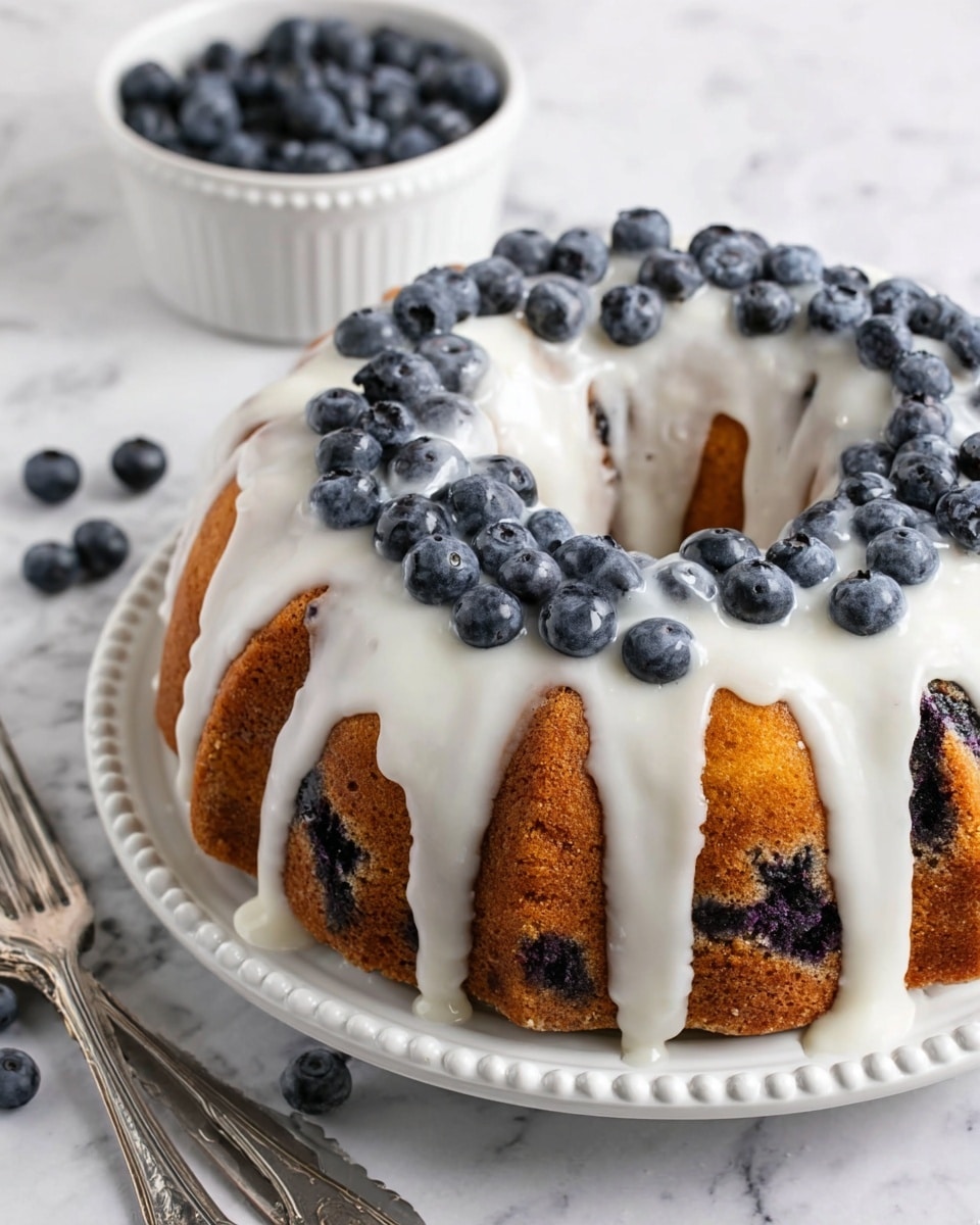 A round bundt cake with a golden-brown color and visible dark blueberry spots is placed on a white plate with a beaded edge. The cake is covered with a thick layer of smooth, white glaze that drips down the sides in irregular patterns. Fresh whole blueberries are scattered evenly on top of the glaze, adding a deep blue contrast against the white glaze and golden cake. In the background on a white marbled surface, there is a white bowl filled with more blueberries and some scattered blueberries nearby. Two silver forks lie next to the plate. photo taken with an iphone --ar 4:5 --v 7
