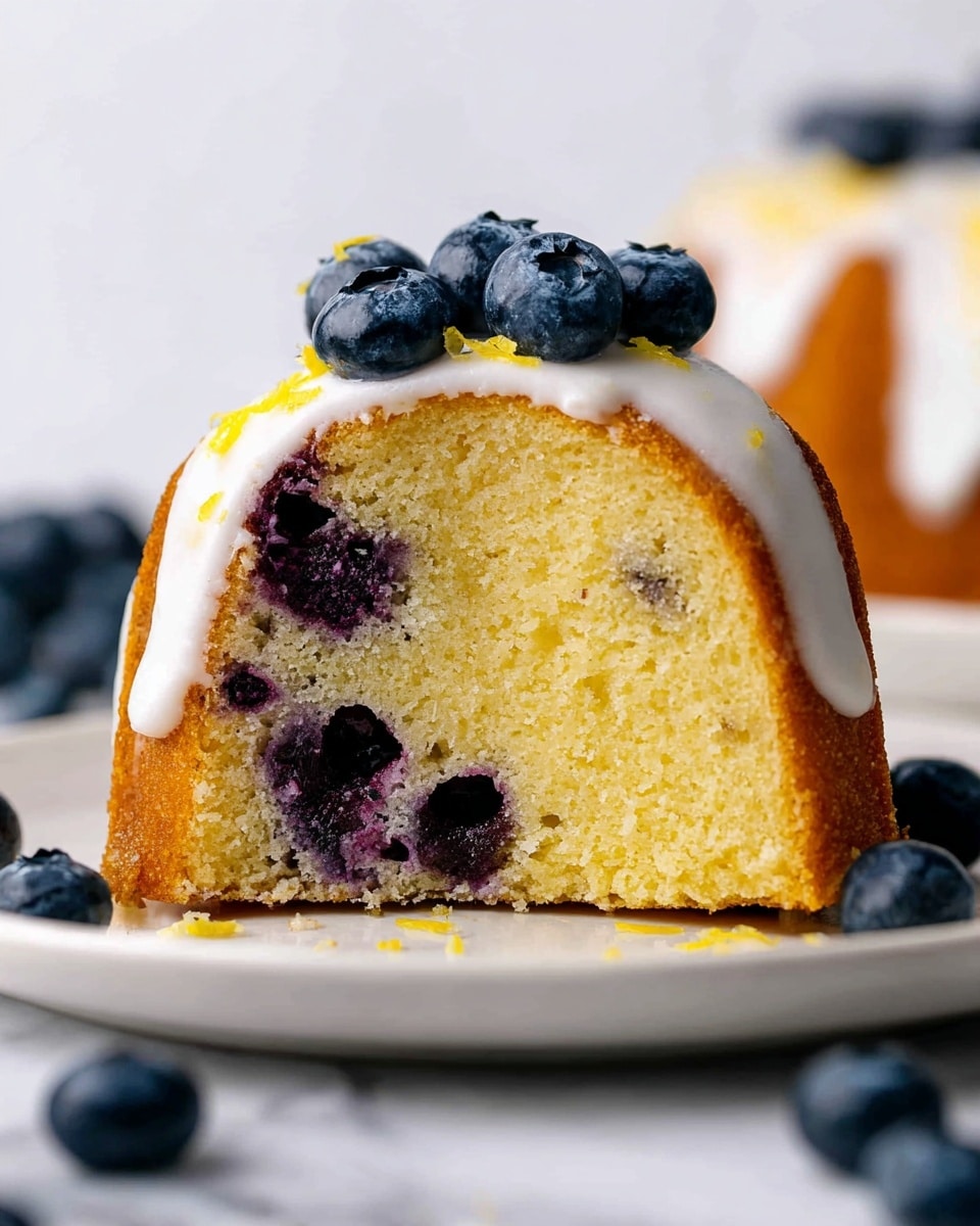 A round slice of yellow blueberry bundt cake with visible dark purple blueberry pieces inside, topped with a thin white icing layer decorated with fresh whole blueberries and small yellow zest pieces, sits centered on a white plate with scattered blueberries around it. The cake shows a moist, dense texture with golden-brown edges. The background is a clean white marbled texture. photo taken with an iphone --ar 4:5 --v 7