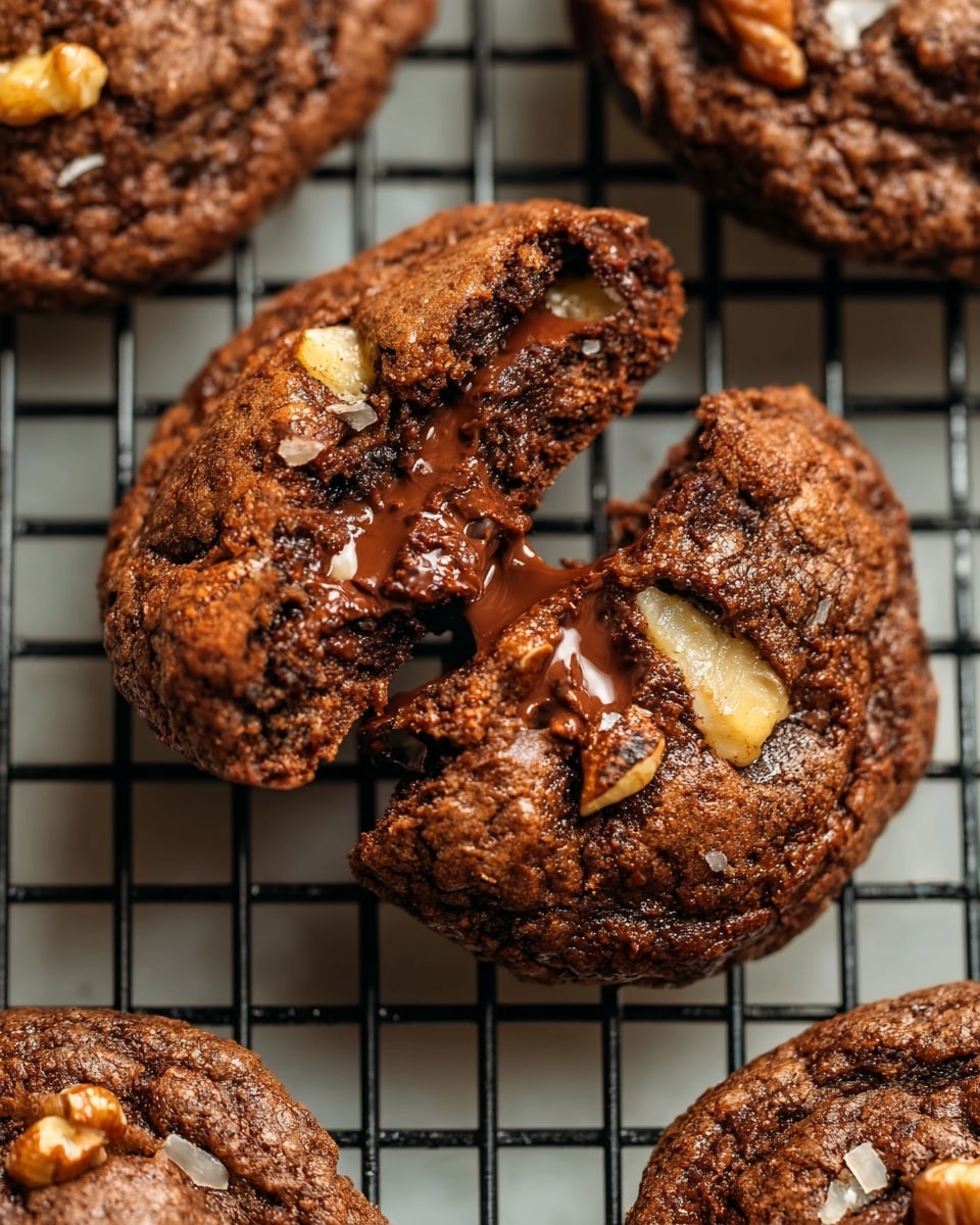 A close-up of a single chocolate cookie broken in half on a black cooling rack above a white marbled texture background. The cookie has a rich dark brown color, slightly cracked top, and is studded with large pieces of walnut and coconut flakes that add texture. The broken part reveals melted, glossy dark chocolate inside, oozing out softly. The cookie looks thick, soft, and chewy with a rustic, homemade feel. The photo is taken with an iphone --ar 4:5 --v 7