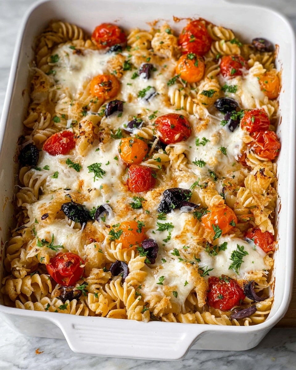 A white rectangular baking dish is filled with baked rotini pasta that has a light golden color, mixed with roasted halved cherry tomatoes in red and orange, black olives, and melted patches of creamy white cheese spread unevenly on top. Small green parsley leaves are sprinkled over the dish, adding a fresh color contrast. The edges of the pasta and cheese show slight browning from baking, with some crispy browned bits on the sides of the dish. The dish rests on a white marbled surface with a soft light evenly illuminating the scene. Photo taken with an iphone --ar 4:5 --v 7