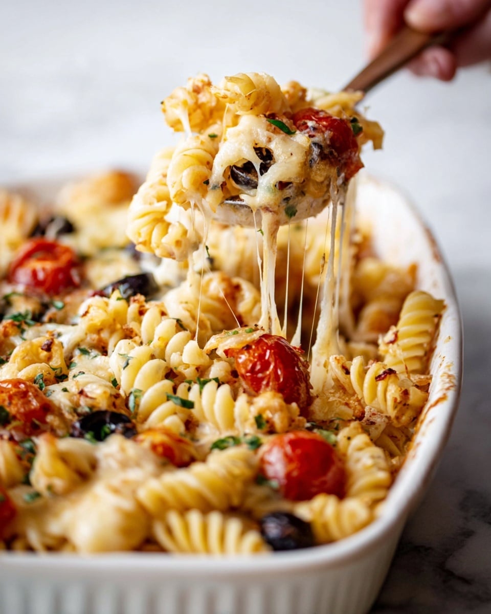 A close-up of a cheesy pasta bake in a white dish on a white marbled surface, showing twisted rotini pasta mixed with red cherry tomato pieces and black olive slices, all covered in melted, stretchy golden cheese with herbs sprinkled on top; a woman's hand is lifting some pasta with a spoon, pulling melted cheese strands up from the dish photo taken with an iphone --ar 4:5 --v 7