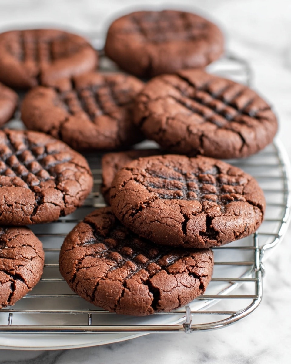 The image shows several soft, thick chocolate cookies with a slightly cracked surface and a clear crisscross pattern pressed into the top of each cookie. They are arranged on a silver cooling rack, which is placed on a white plate visible beneath it, all set on a white marbled texture. The cookies have a rich dark brown color and a dense, chewy texture with some small cracks around the edges. Photo taken with an iphone --ar 4:5 --v 7
