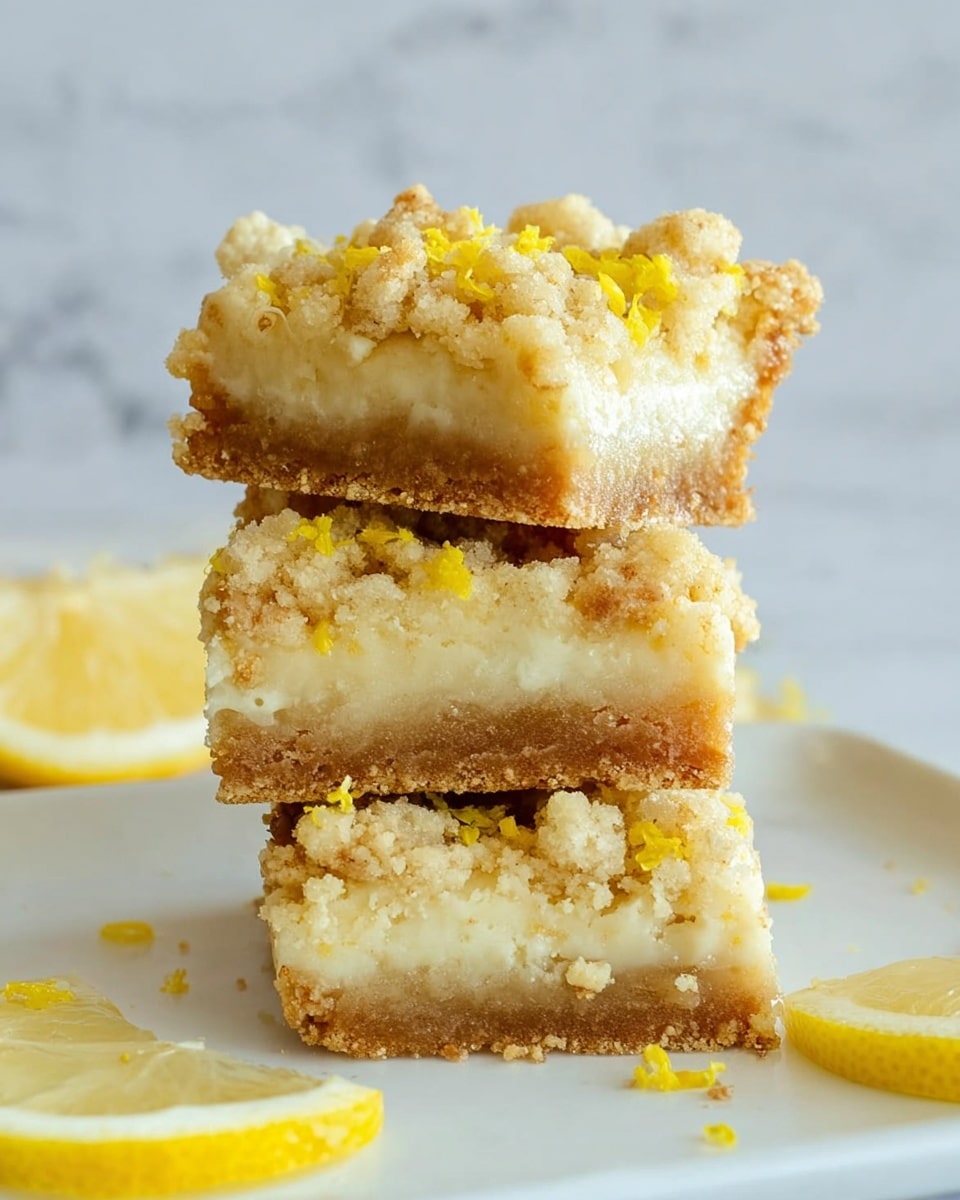 A stack of three lemon crumb bars is placed on a white plate on a white marbled surface. Each bar has two layers: the bottom layer is a thick, light golden-brown crust with a smooth but crumbly texture, and the top layer is a light, creamy lemon filling covered with uneven, crumbly bits scattered on top. Small yellow lemon zest pieces are sprinkled generously over the crumb topping. Around the plate, there are a few lemon wedges with bright yellow flesh and white rinds, adding a fresh color contrast. Photo taken with an iphone --ar 4:5 --v 7