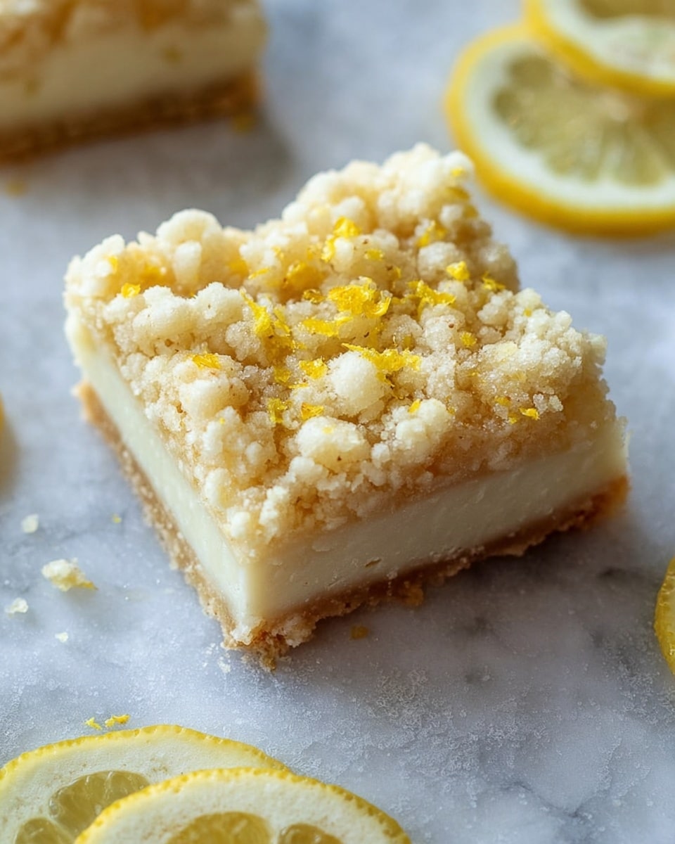 A close-up view of a square-shaped lemon crumble bar resting on a white marbled texture. The dessert has two visible layers: the bottom layer is a smooth, pale cream color, while the top layer is a crumbly mixture in off-white with small golden-yellow lemon zest pieces sprinkled on top. The crumble layer looks textured and lightly crumbly, giving a soft yet crunchy feel. Around the bar, there are thin, round lemon slices showcasing their pale yellow pulp and white rind, adding a fresh and bright contrast. photo taken with an iphone --ar 4:5 --v 7