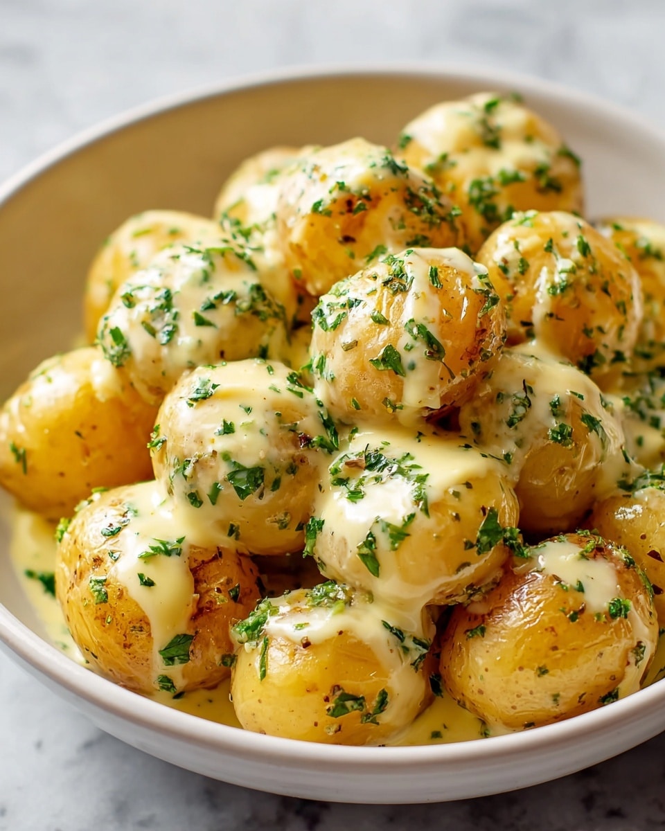 A close-up view of a white bowl filled with small round potatoes that have a light golden-brown skin, each coated in a creamy pale yellow sauce. The sauce looks smooth and slightly thick, covering the potatoes unevenly, with small green herb flakes sprinkled generously on top and around, adding a fresh touch. The bowl sits on a white marbled surface, giving a clean and bright background that contrasts with the warm colors of the potatoes and sauce. photo taken with an iphone --ar 4:5 --v 7