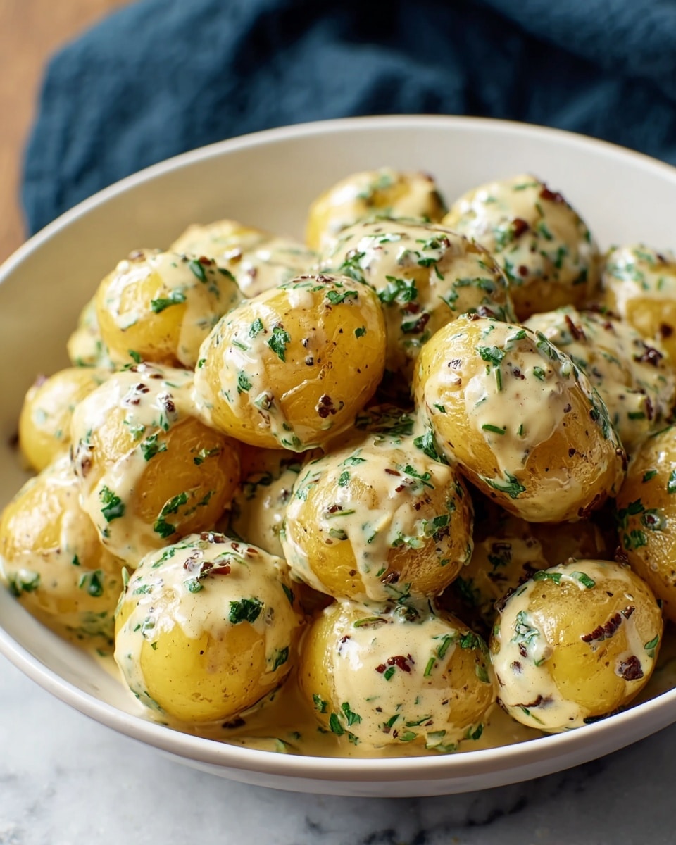 A white bowl is filled with small round yellow potatoes coated in a creamy beige sauce. The sauce has green herb specks and small dark brown bits scattered all over the potatoes, giving the dish a textured look. The potatoes are piled high, showing their shiny skins under the sauce and herbs. The bowl is placed on a white marbled surface with a dark blue cloth partially visible in the background. photo taken with an iphone --ar 4:5 --v 7