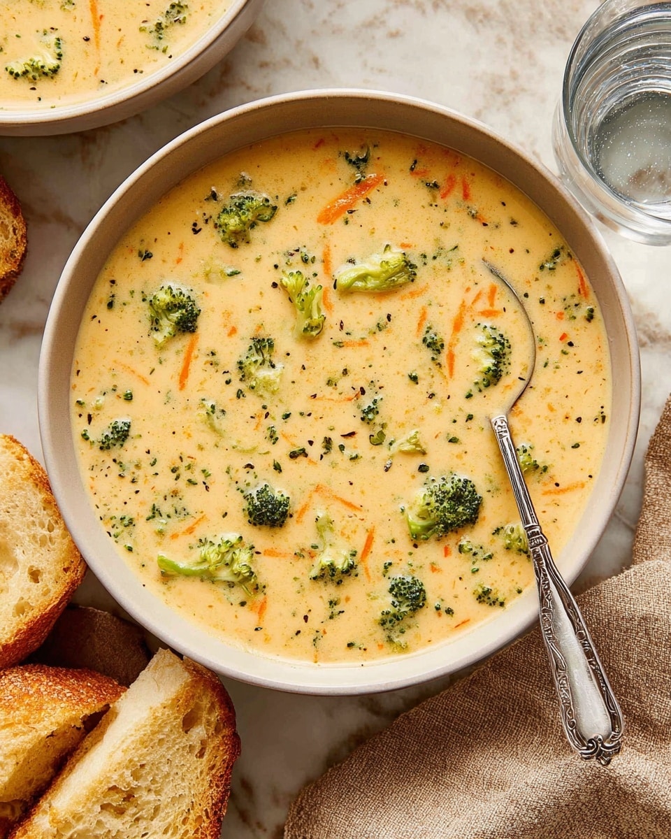 A close-up of creamy soup served in a round white bowl filled with a pale yellow base mixed with small bright green broccoli florets and thin orange carrot shreds scattered evenly throughout. A silver spoon with a decorative handle rests inside the bowl toward the bottom right edge. Nearby, pieces of torn golden toasted bread lie on a white marbled surface alongside a beige cloth napkin gently folded at the bottom right, and a clear glass of water is placed near the top right. Photo taken with an iphone --ar 4:5 --v 7