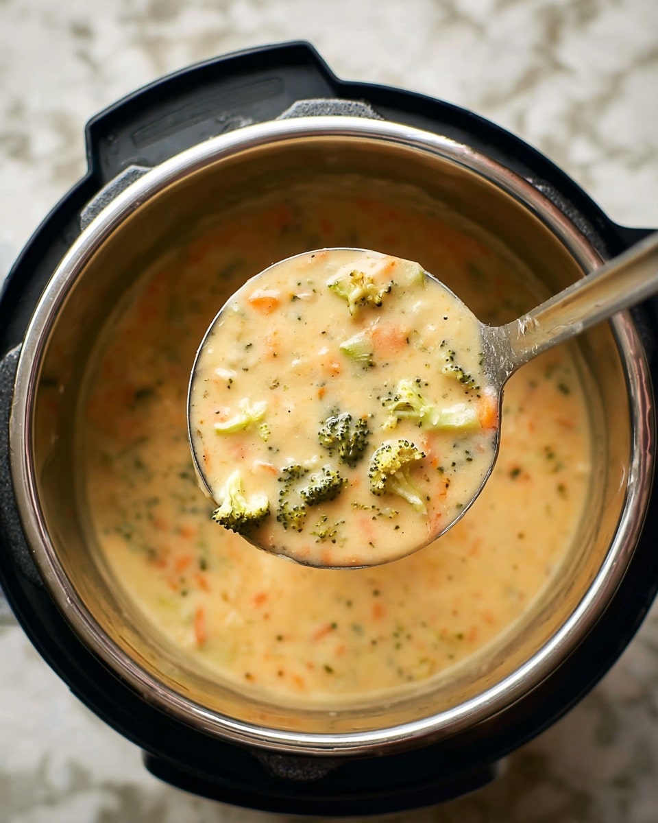 A metal ladle holds creamy soup filled with small pieces of green broccoli and orange carrots, lifted above a shiny silver inner pot of an Instant Pot with black edges. The soup is thick and pale yellow with visible vegetable chunks scattered throughout, with a smooth texture that looks warm and rich. The background is a white marbled texture. photo taken with an iphone --ar 4:5 --v 7