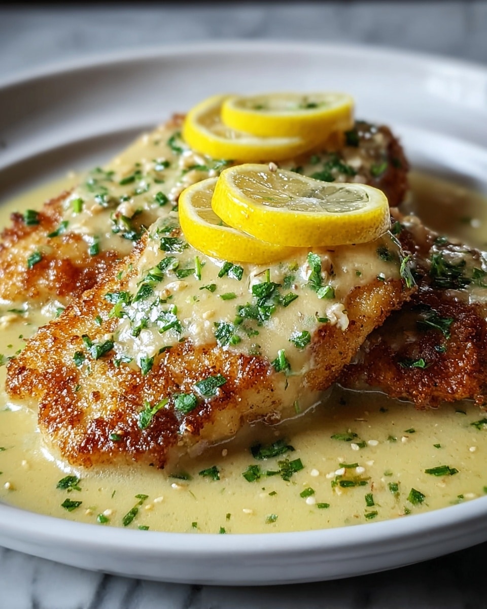 The image shows two pieces of golden-brown fried fish placed side by side, each topped with a light yellow creamy sauce that has a slightly thick texture and is sprinkled with finely chopped green herbs. Thin lemon slices sit on top of each fish piece, adding a fresh pop of yellow and white. The fish rests in a shallow pool of the same creamy sauce, which glistens and has small bits of herbs floating around. The entire dish is served on a white plate, set against a white marbled surface in soft lighting that highlights the crisp texture of the fish and the shine of the sauce. photo taken with an iphone --ar 4:5 --v 7