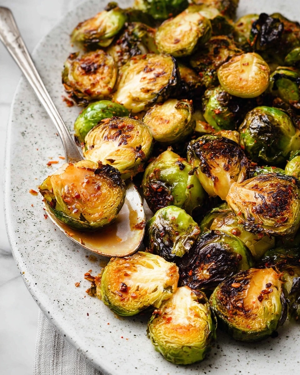 The image shows a close-up of roasted Brussels sprouts on a white plate with a speckled texture. The sprouts are halved, with exterior leaves dark and crisp from roasting while the inner layers display lighter green and yellow hues with a tender texture. Some sprouts are charred on the edges, giving a mix of dark brown and golden colors. A spoon lies on the plate, covered with a shiny, slightly oily sauce that has bits of seasoning, resting among the sprouts. The plate is set on a white marbled surface. photo taken with an iphone --ar 4:5 --v 7