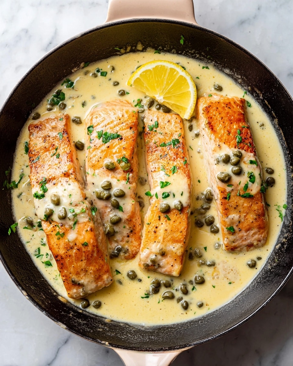 The image shows a close-up of four pieces of cooked salmon in a creamy light yellow sauce inside a black cast iron skillet with a pale pink handle. Each salmon piece is golden brown on one side with crispy texture and soft, light pink flesh on the other side. The sauce surrounds the salmon, dotted with green capers and finely chopped parsley. At the top of the skillet, a thin wedge of bright yellow lemon rests partially in the sauce. The skillet sits on a white marbled surface. Photo taken with an iphone --ar 4:5 --v 7