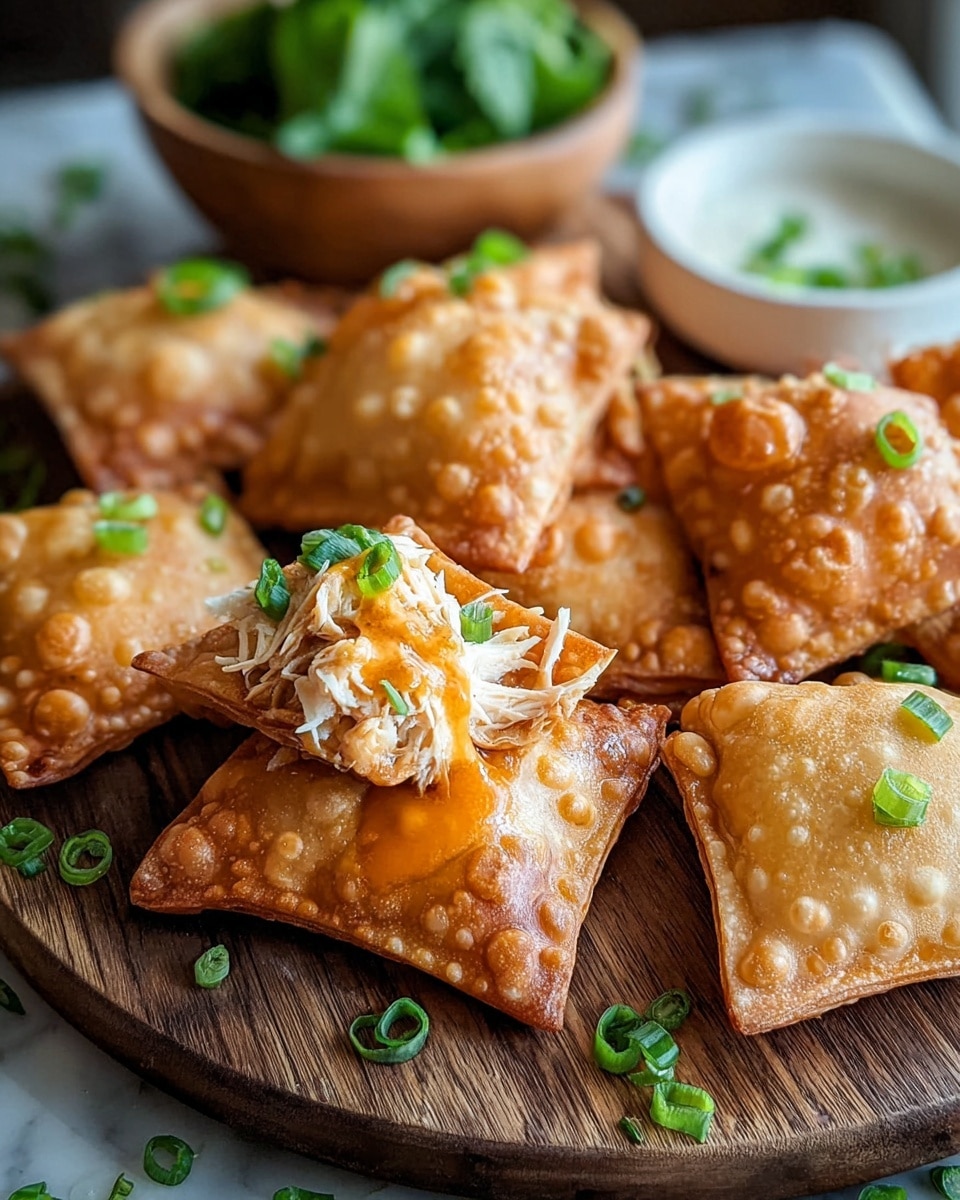 A round wooden board holds several crispy, golden-brown square-shaped fried pockets with bubbly textures on their surface. One pocket in the center is slightly open, showing shredded white chicken topped with a bit of orange sauce and garnished with chopped green onions. Additional green onion pieces are scattered around the fried pockets, adding a pop of color. The background features a blurred small white bowl and a wooden bowl filled with green leaves, all set on a white marbled texture. photo taken with an iphone --ar 4:5 --v 7